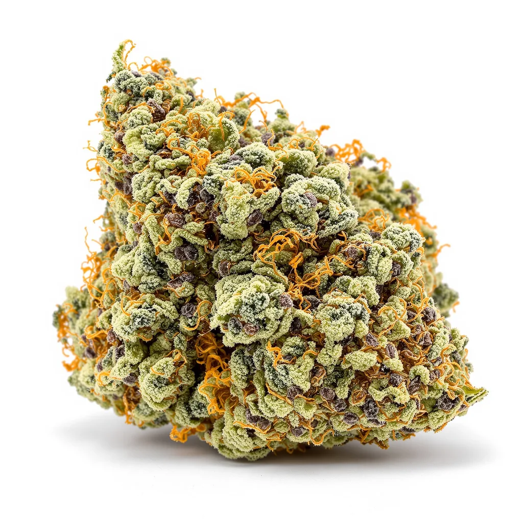 Red Widow 47% indica / 53% sativa — flor con tricomas visibles