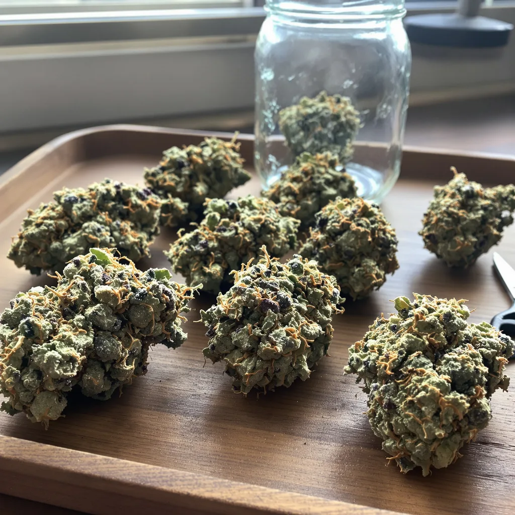 Redwood Kush 47% indica / 53% sativa — flor con tricomas visibles