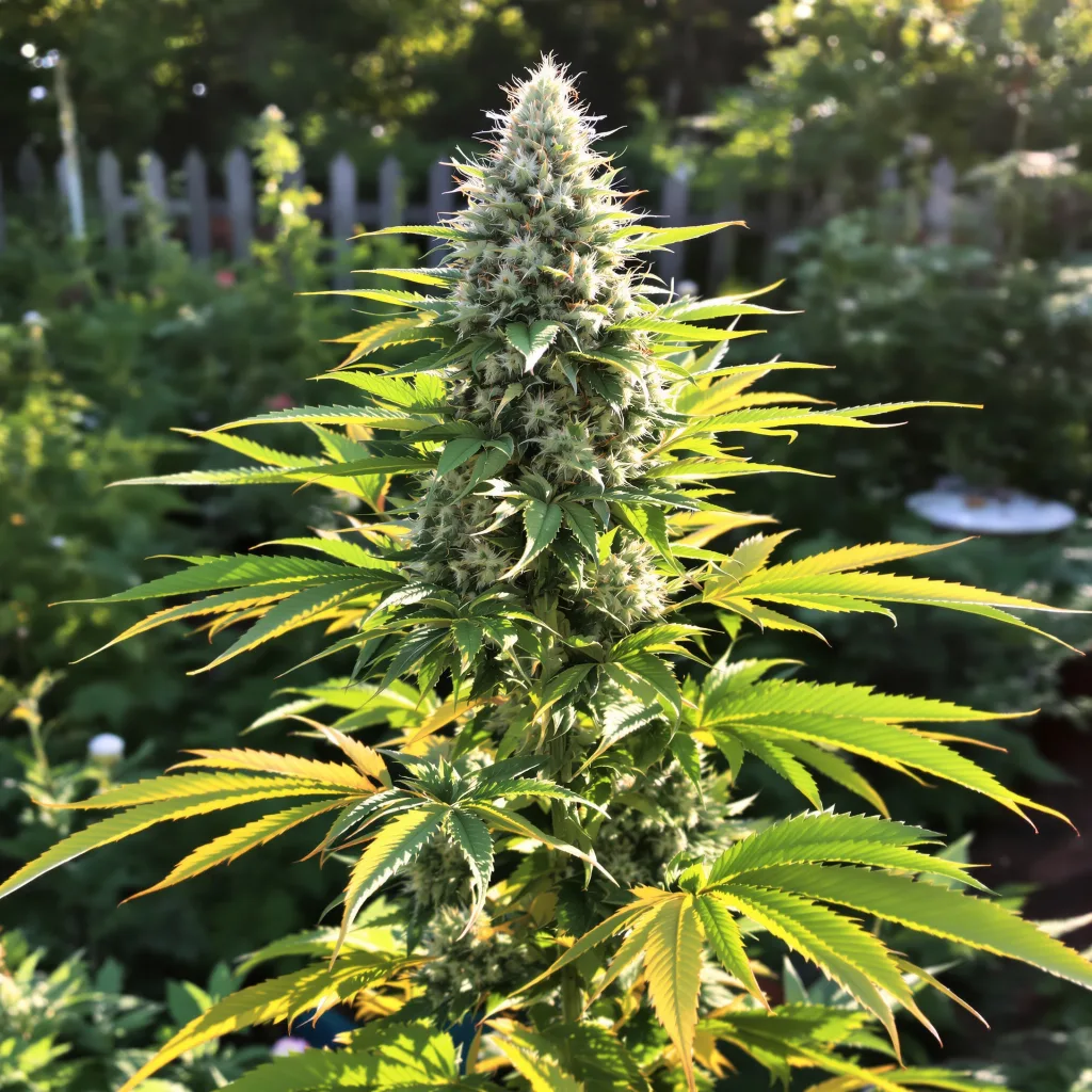 Redwood Kush 47% indica / 53% sativa — flor con tricomas visibles