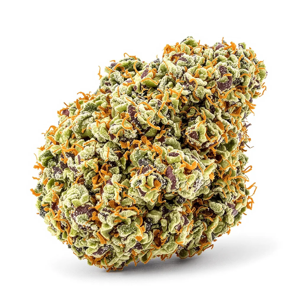 Redwood Kush 47% indica / 53% sativa — flor con tricomas visibles
