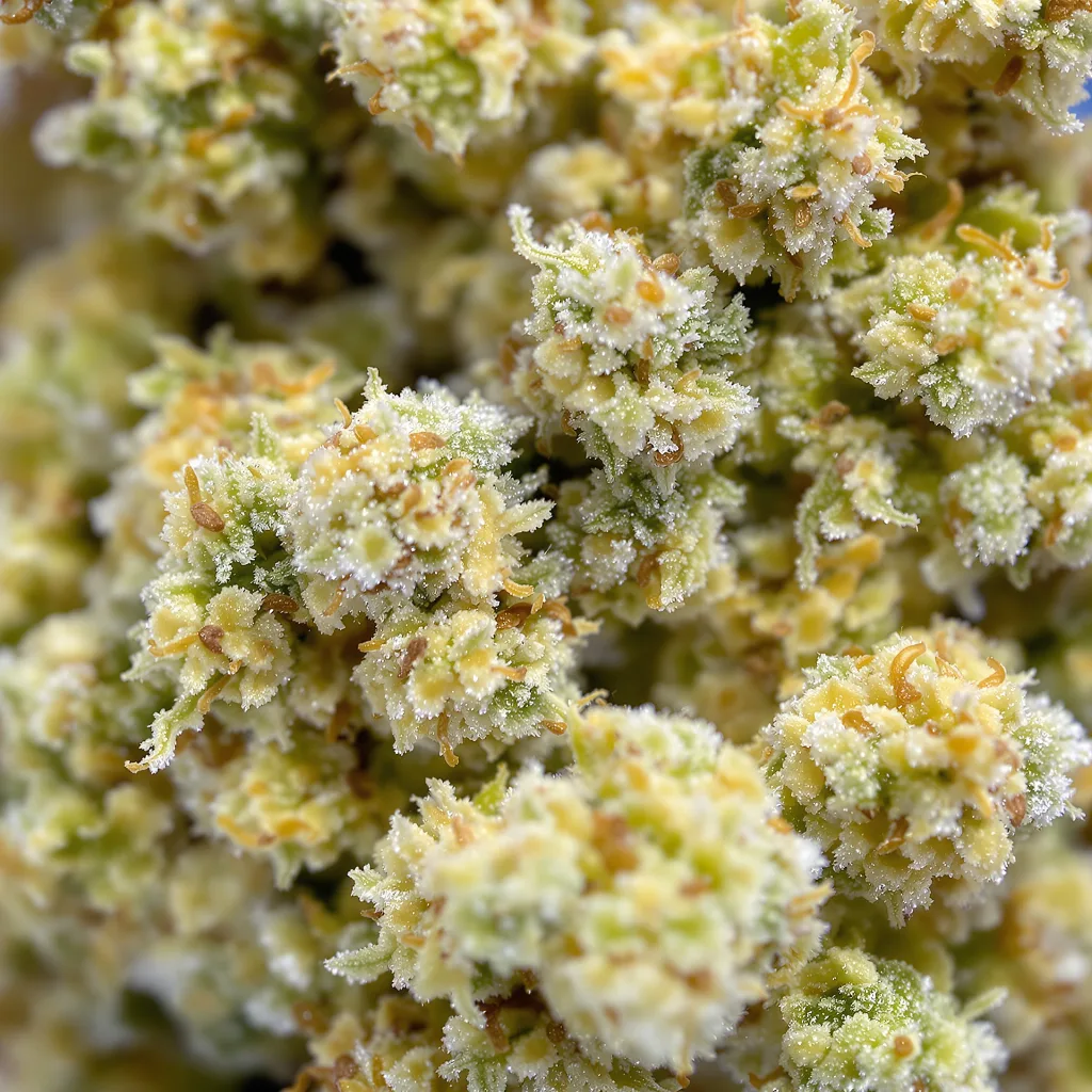 Primer plano de cogollo de cannabis Remedy CBD mostrando flor clara con baja resina