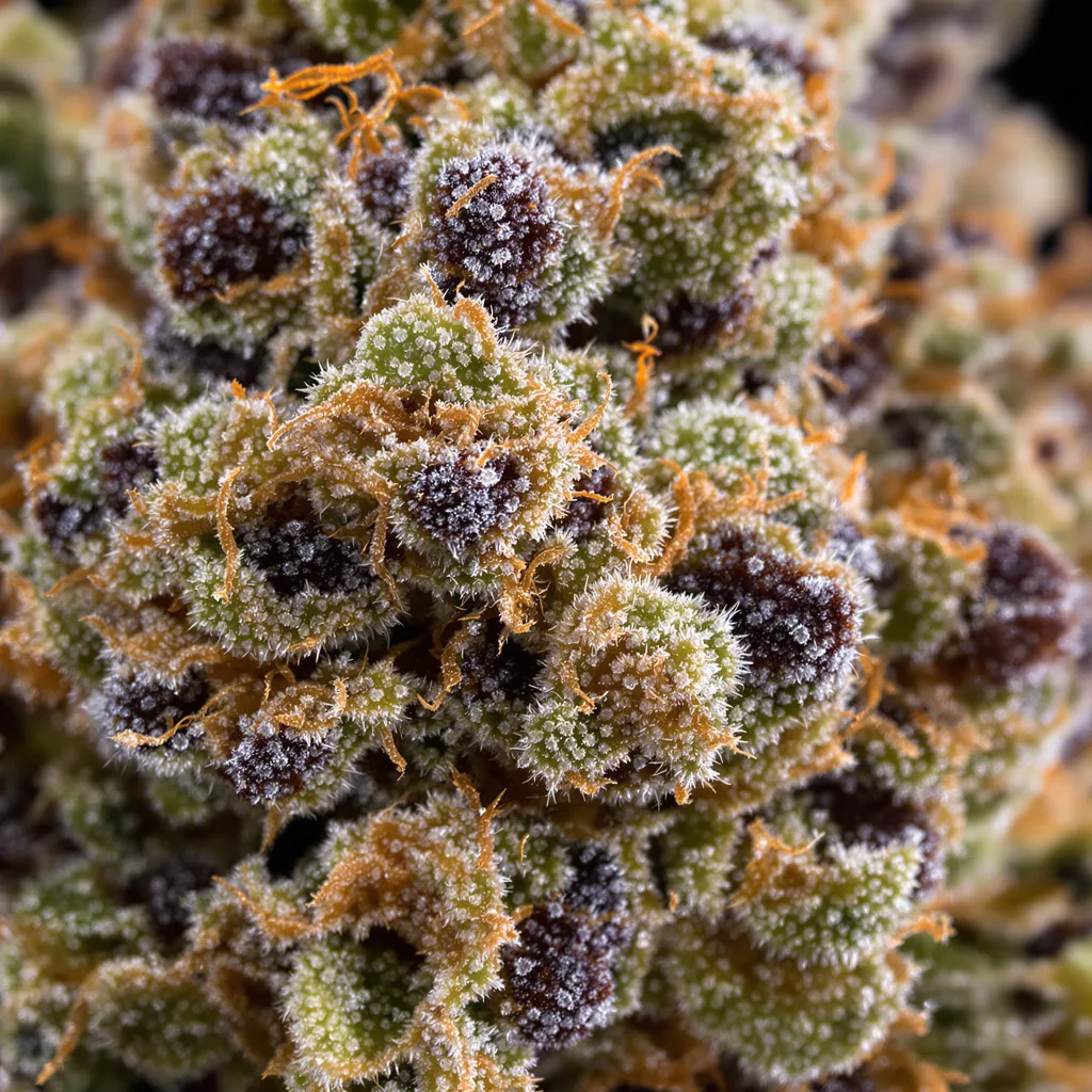 Primer plano de cogollo de cannabis Remedy mostrando cálices densos con tonos morados