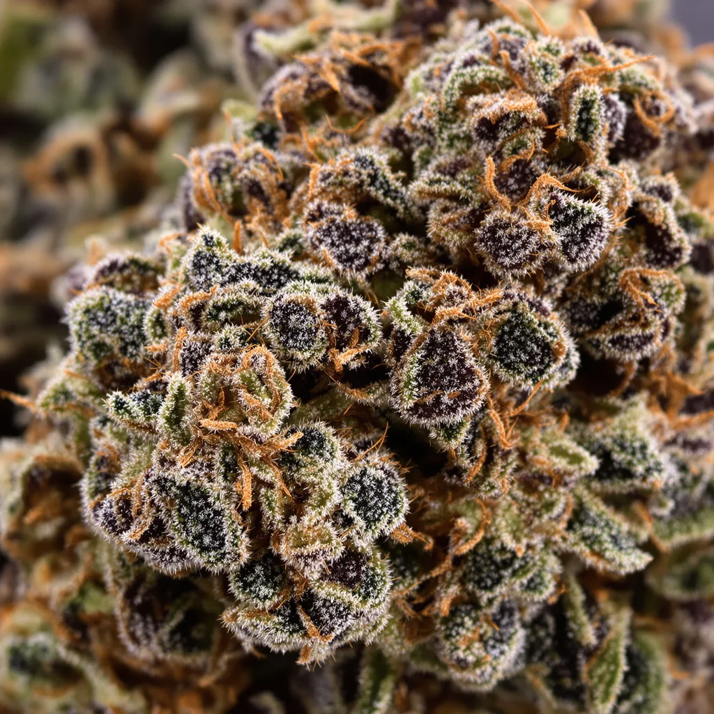 Primer plano de cogollo de cannabis Remo Chemo mostrando cálices densos con tonos morados