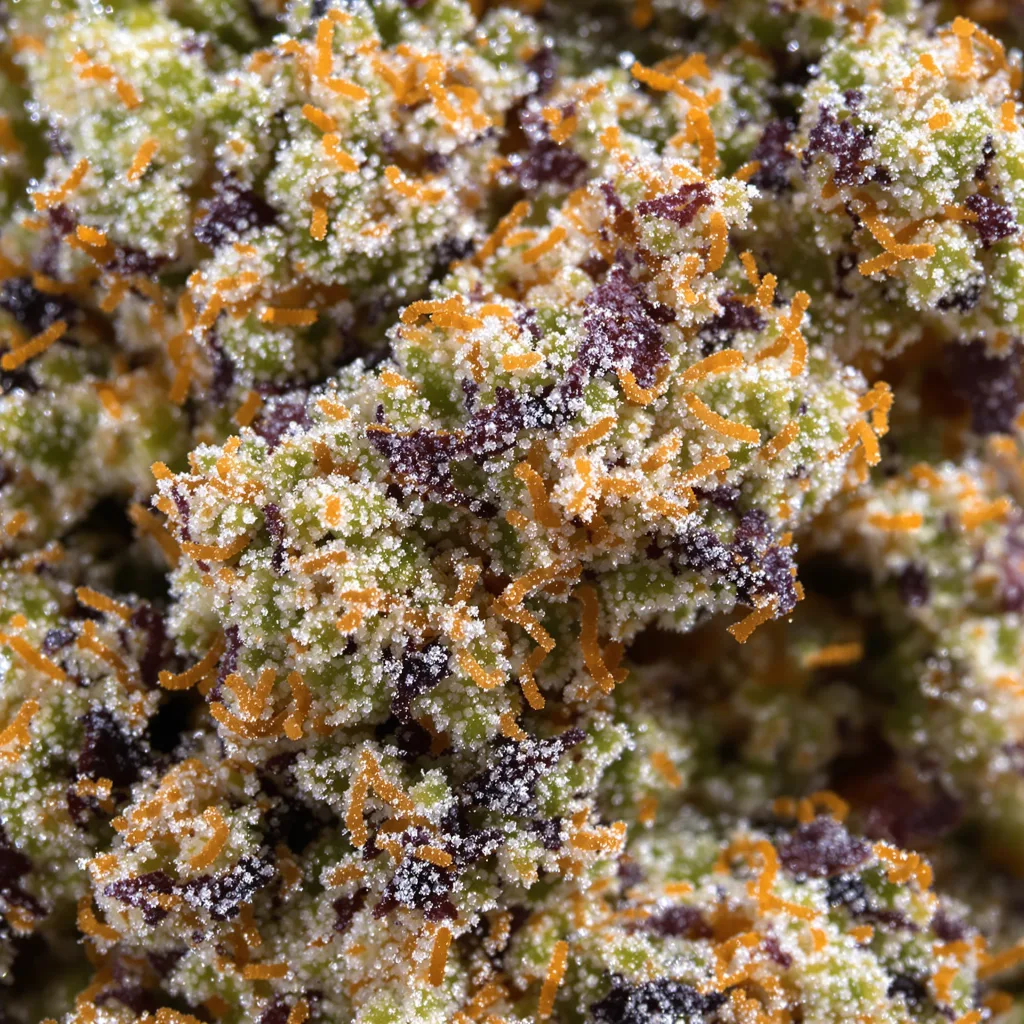 Primer plano de cogollo de cannabis Rene Mist mostrando estructura equilibrada con tricomas escarchados