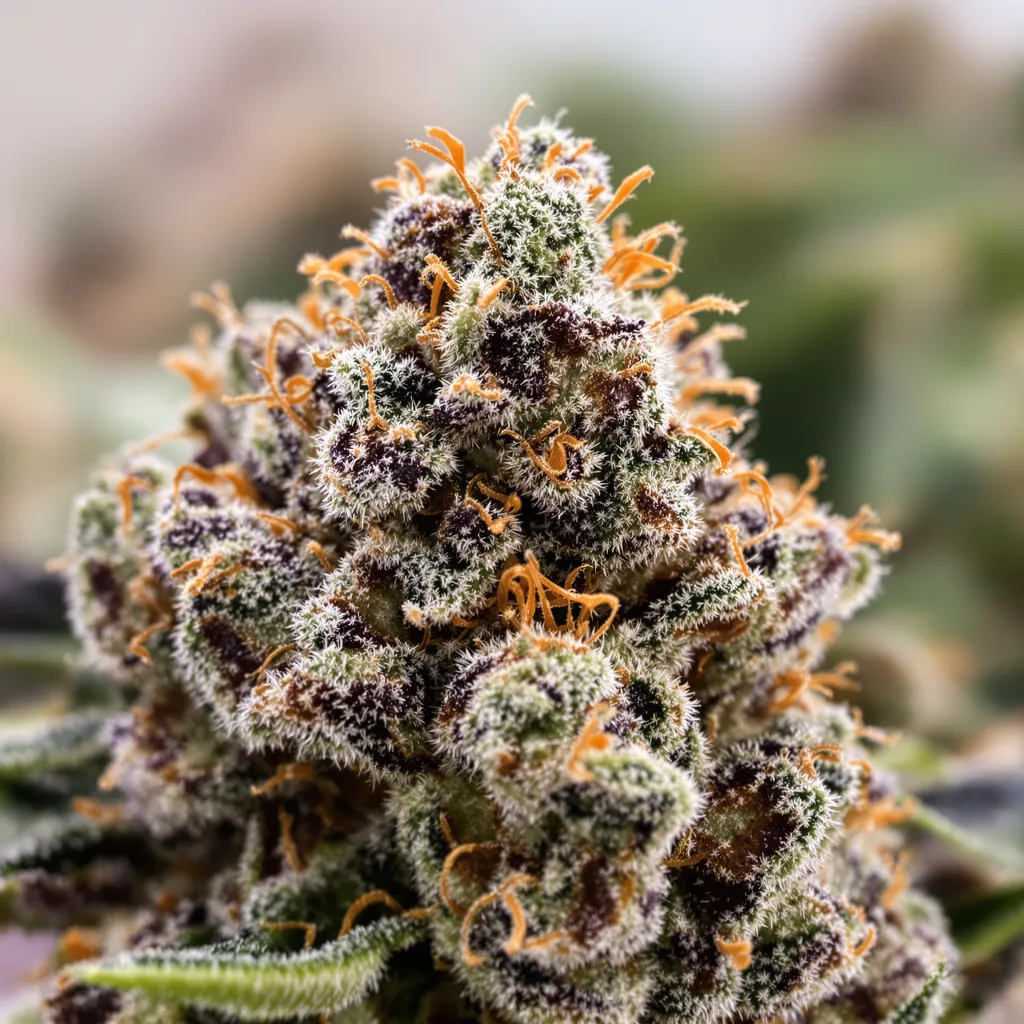 Primer plano de cogollo de cannabis Reserve L.A.K. Federal mostrando cálices densos con tonos morados