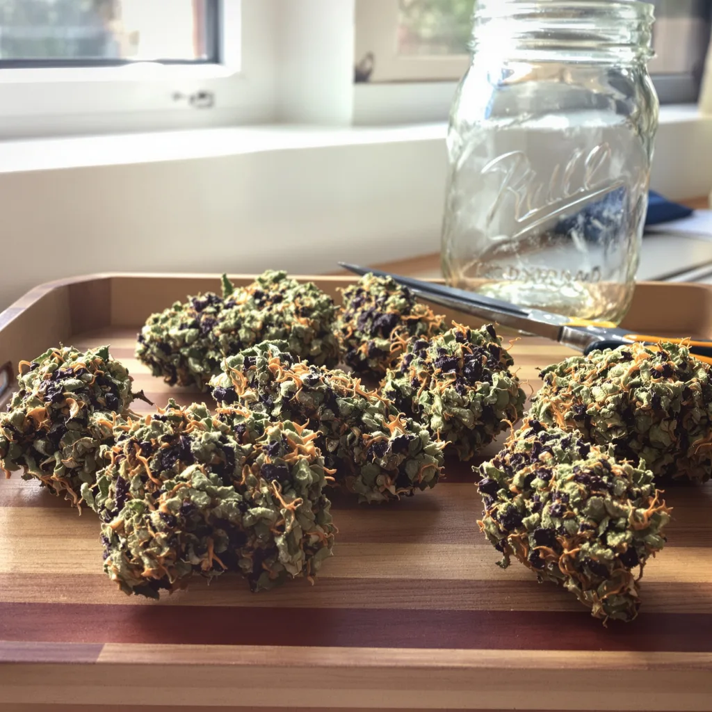 Rip City Purps 71% indica / 29% sativa — flor con tricomas visibles