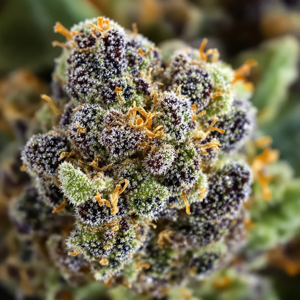 Primer plano de cogollo de cannabis Rip City Purps mostrando cálices densos con tonos morados
