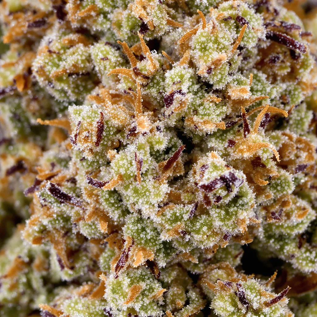 Primer plano de cogollo de cannabis Ripped Bubba mostrando estructura equilibrada con tricomas escarchados