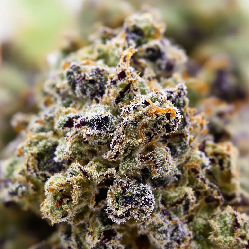 Primer plano de cogollo de cannabis Rob Ford Kush mostrando cálices densos con tonos morados