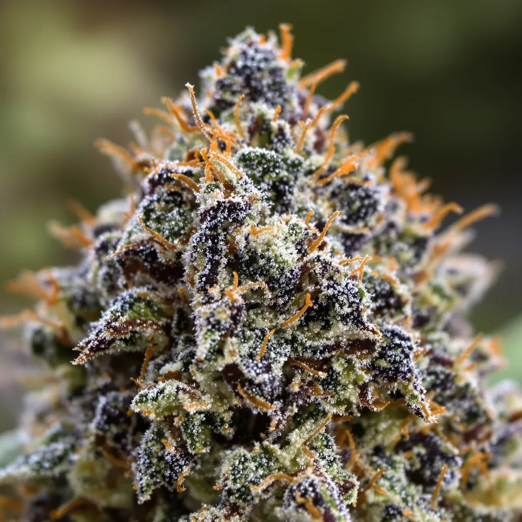 Primer plano de cogollo de cannabis Rockbud mostrando cálices densos con tonos morados