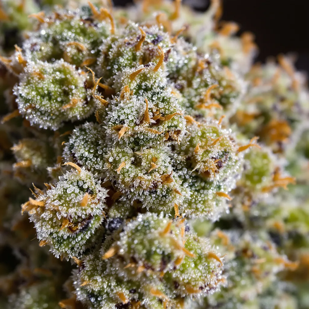 Primer plano de cogollo de cannabis Rockstar mostrando estructura equilibrada con tricomas escarchados