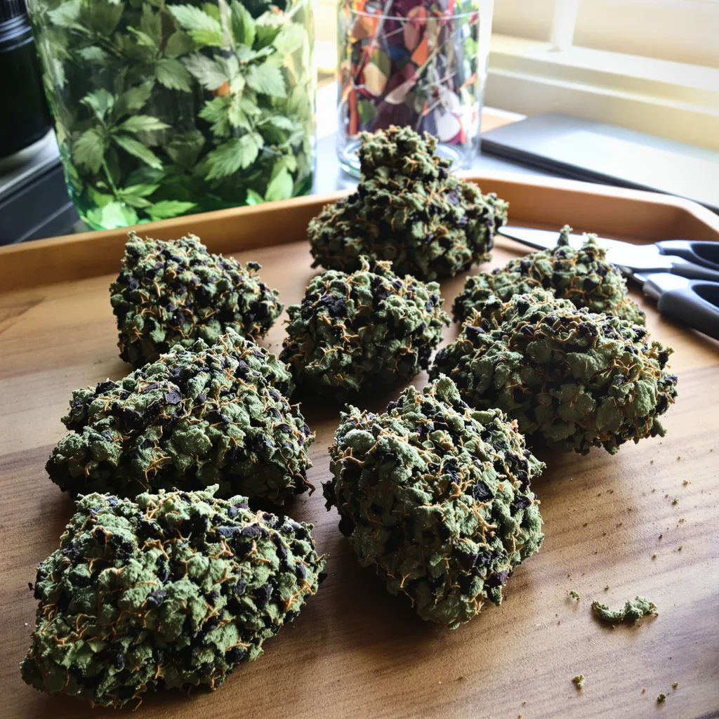 Rockstar Kush 88% indica / 12% sativa — flor con tricomas visibles