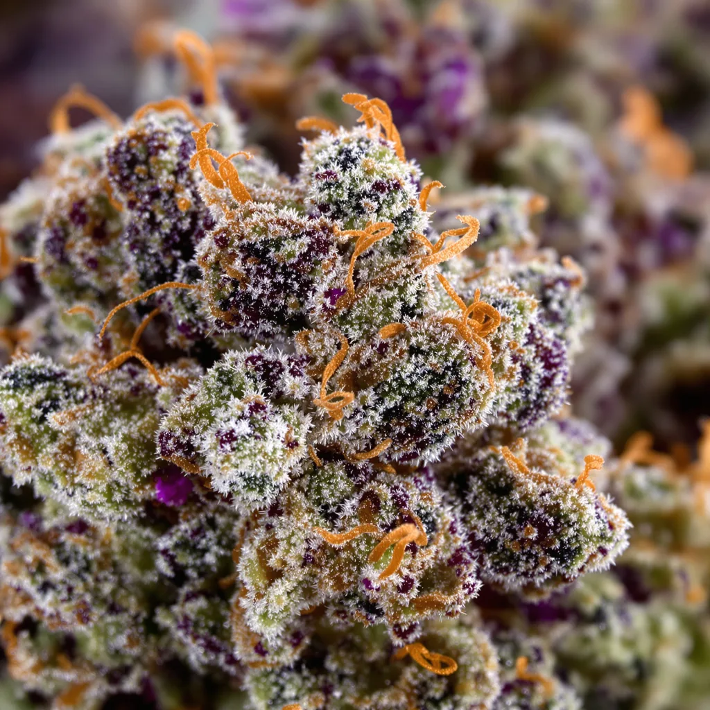 Primer plano de cogollo de cannabis Rocky Mountain Blueberry mostrando cálices densos con tonos morados