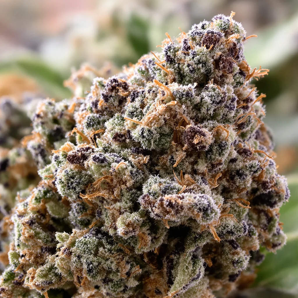 Primer plano de cogollo de cannabis Romulan mostrando cálices densos con tonos morados