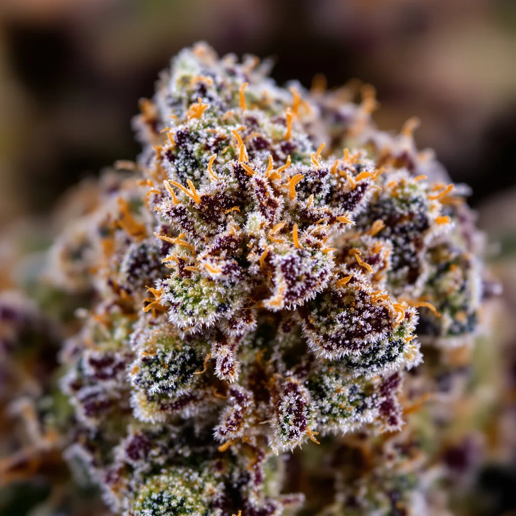 Primer plano de cogollo de cannabis Rose Bud mostrando cálices densos con tonos morados