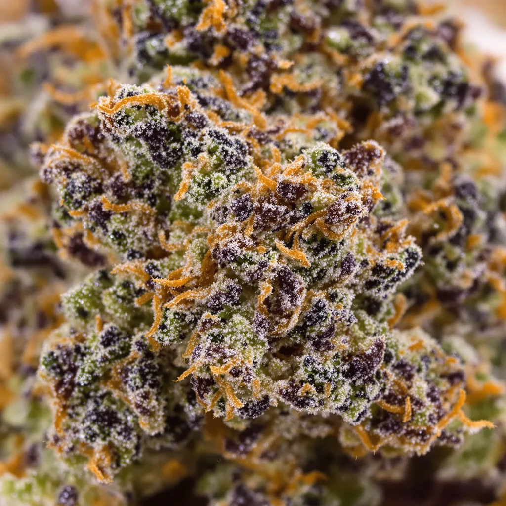 Primer plano de cogollo de cannabis Royal Cheese mostrando cálices densos con tonos morados