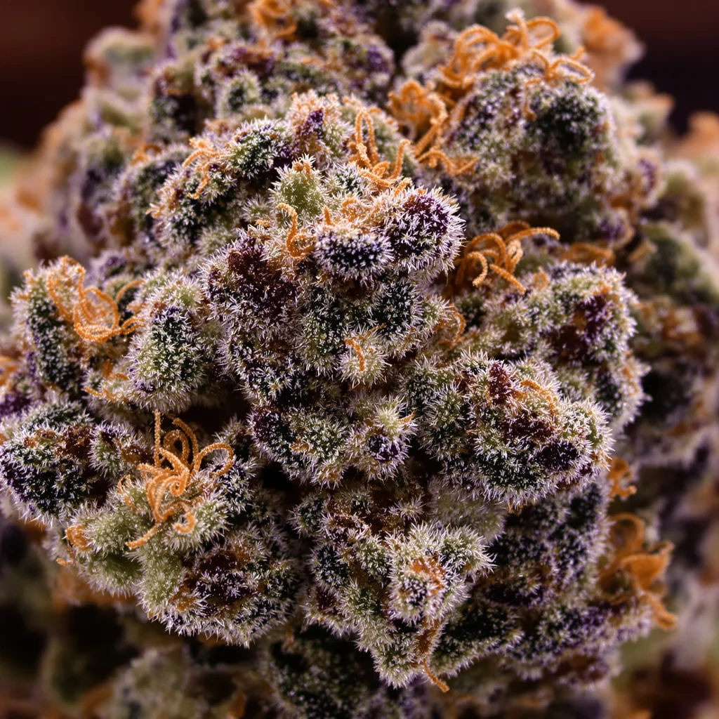 Primer plano de cogollo de cannabis Royal Cheese mostrando cálices densos con tonos morados
