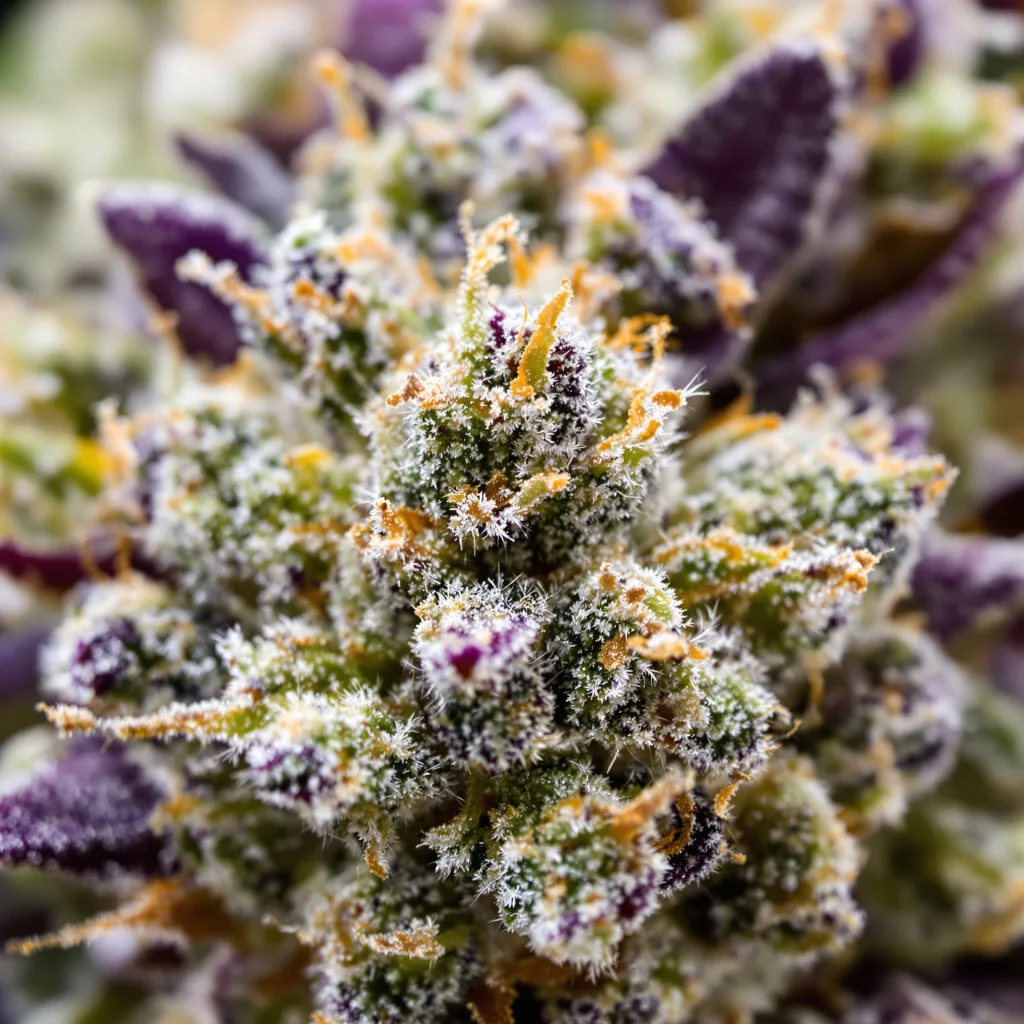 Primer plano de cogollo de cannabis Royal Gorilla mostrando estructura equilibrada con tricomas escarchados