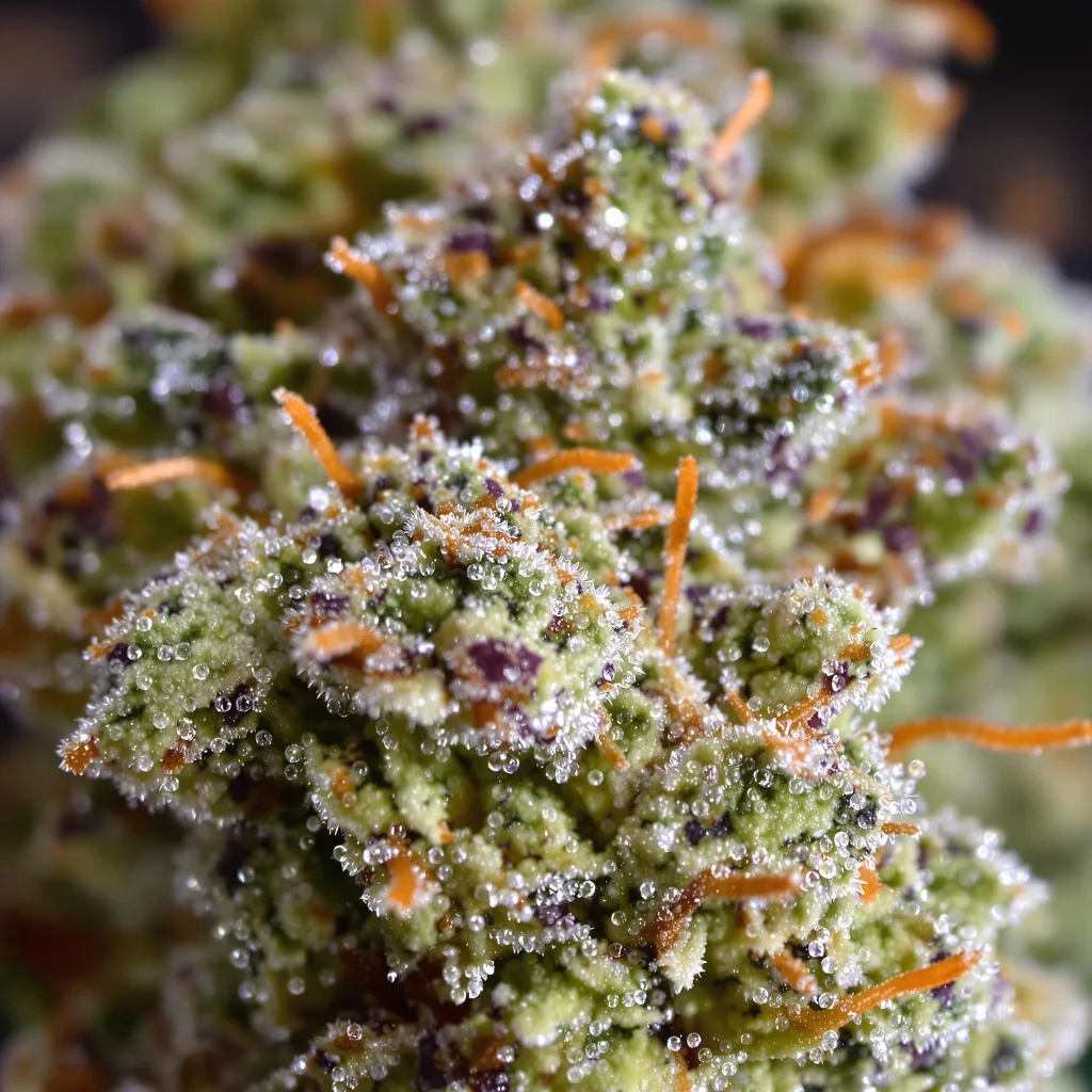 Primer plano de cogollo de cannabis Royal Highness mostrando cogollos densos verde bosque