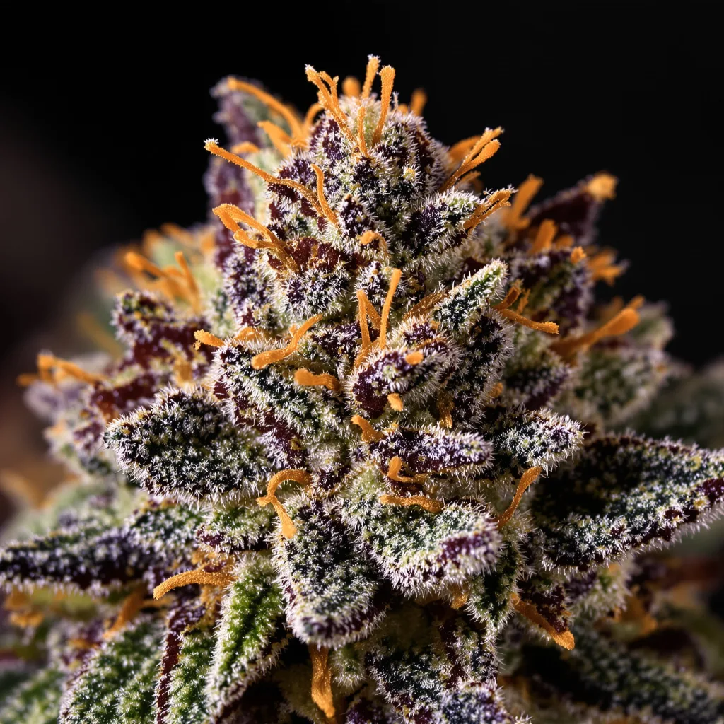Primer plano de cogollo de cannabis Royal Kush mostrando cálices densos con tonos morados
