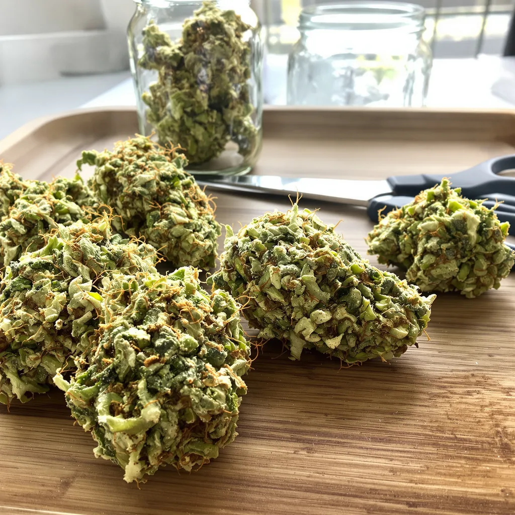 Royal Medic 25% indica / 75% sativa — flor con tricomas visibles