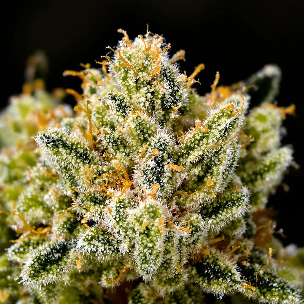Primer plano de cogollo de cannabis Royal Medic mostrando estructura aireada verde lima