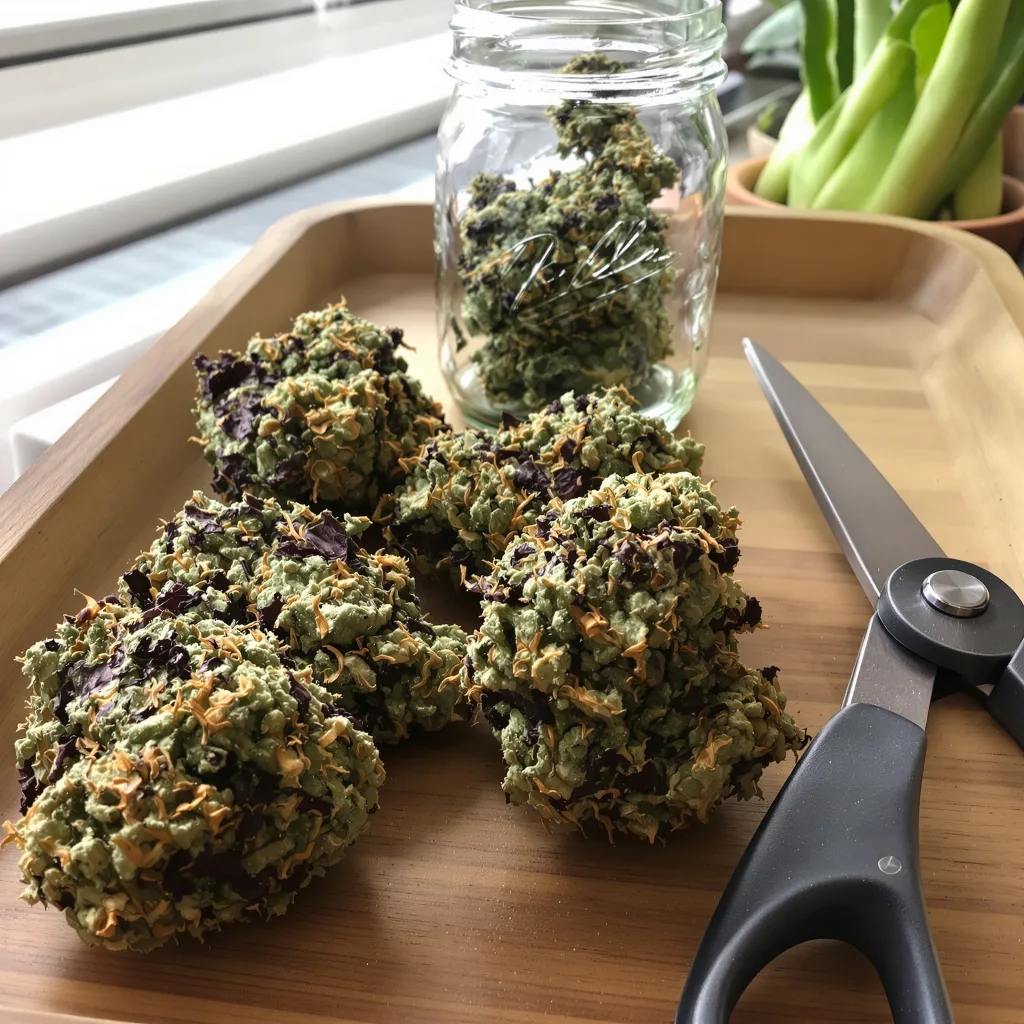 RS11 77% indica / 23% sativa — flor con tricomas visibles
