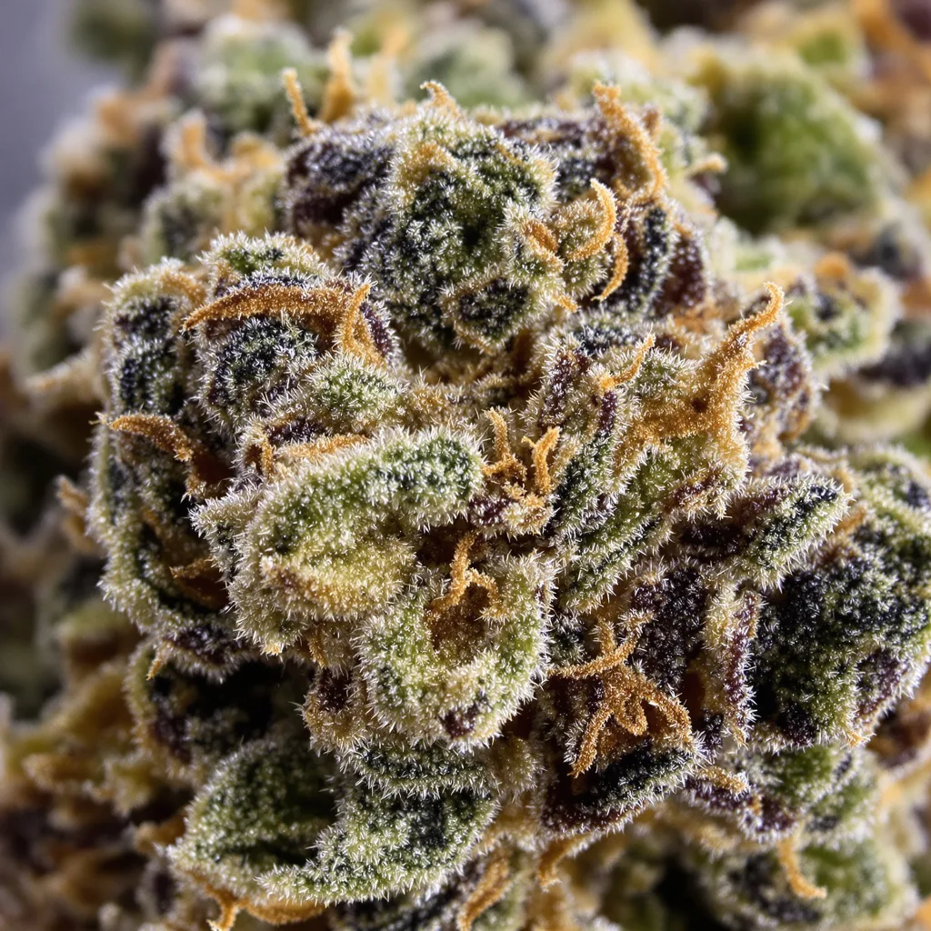 Primer plano de cogollo de cannabis RS11 mostrando cálices densos con tonos morados