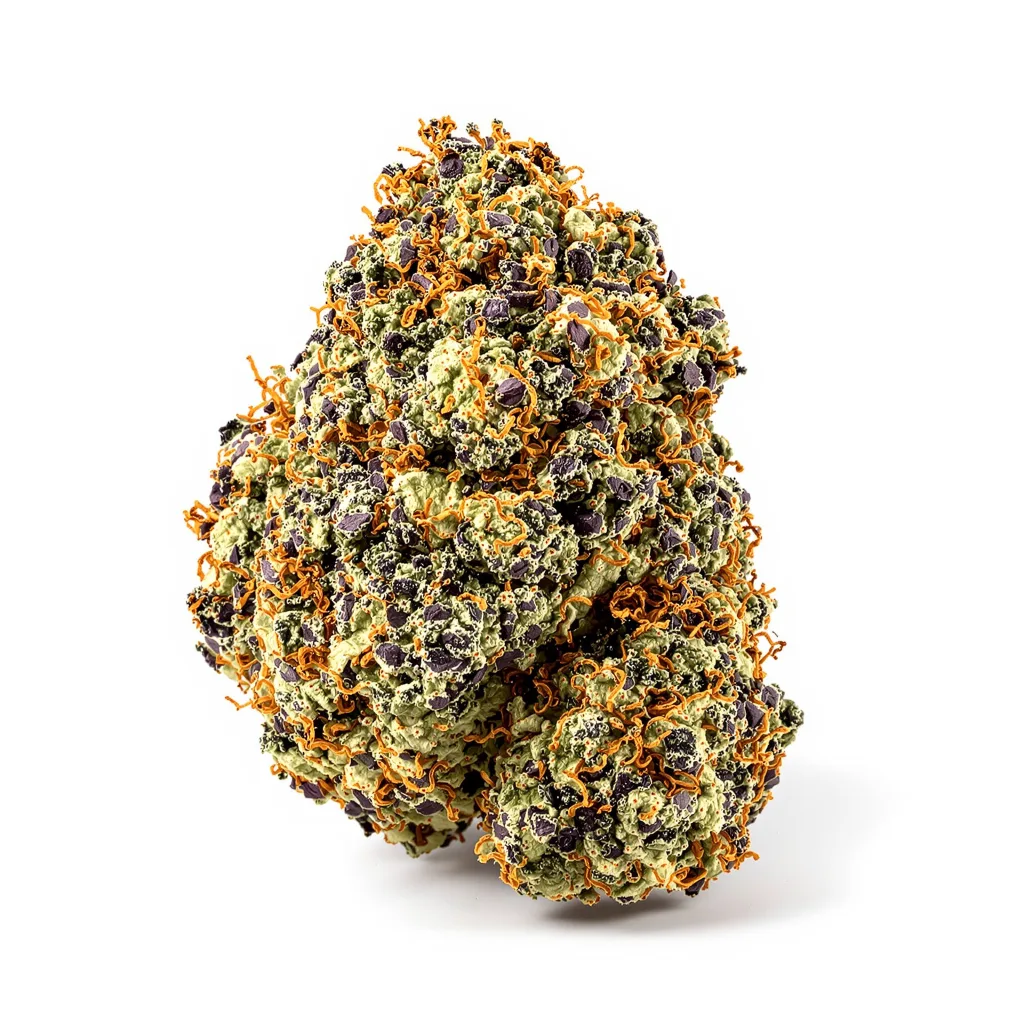 RS11 77% indica / 23% sativa — flor con tricomas visibles