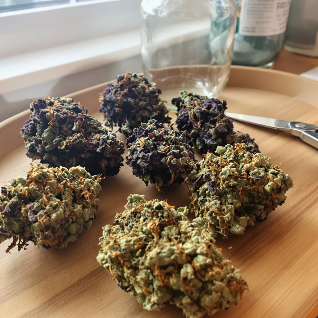 Rug Burn OG 68% indica / 32% sativa — flor con tricomas visibles