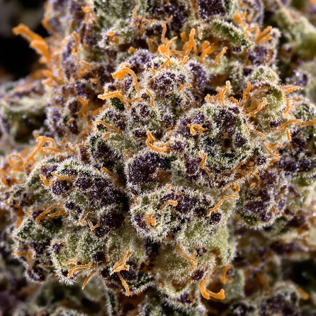 Primer plano de cogollo de cannabis Rug Burn OG mostrando cálices densos con tonos morados