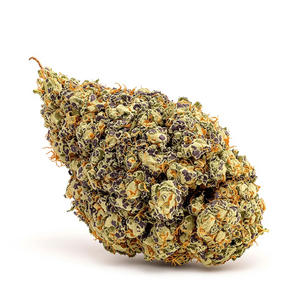 Rug Burn OG 68% indica / 32% sativa — flor con tricomas visibles