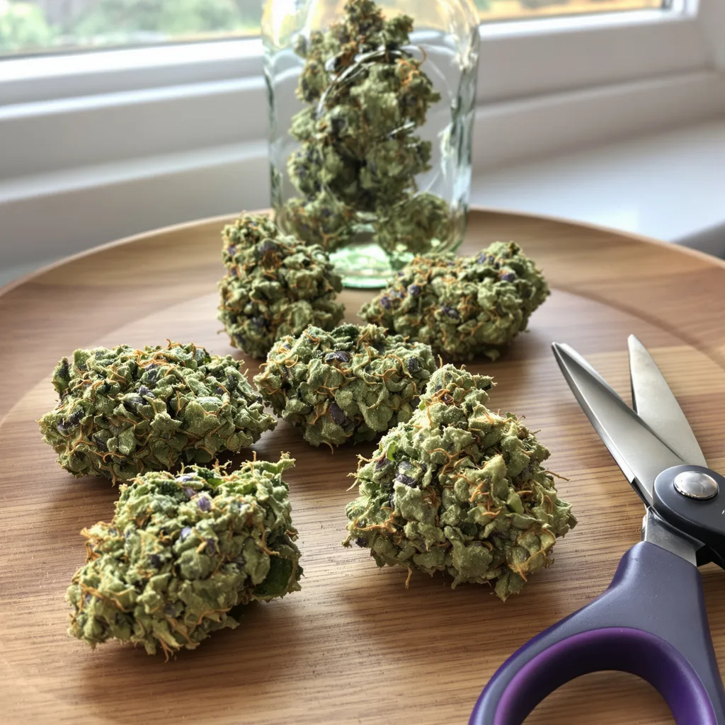 Russian Assassin 58% indica / 42% sativa — flor con tricomas visibles