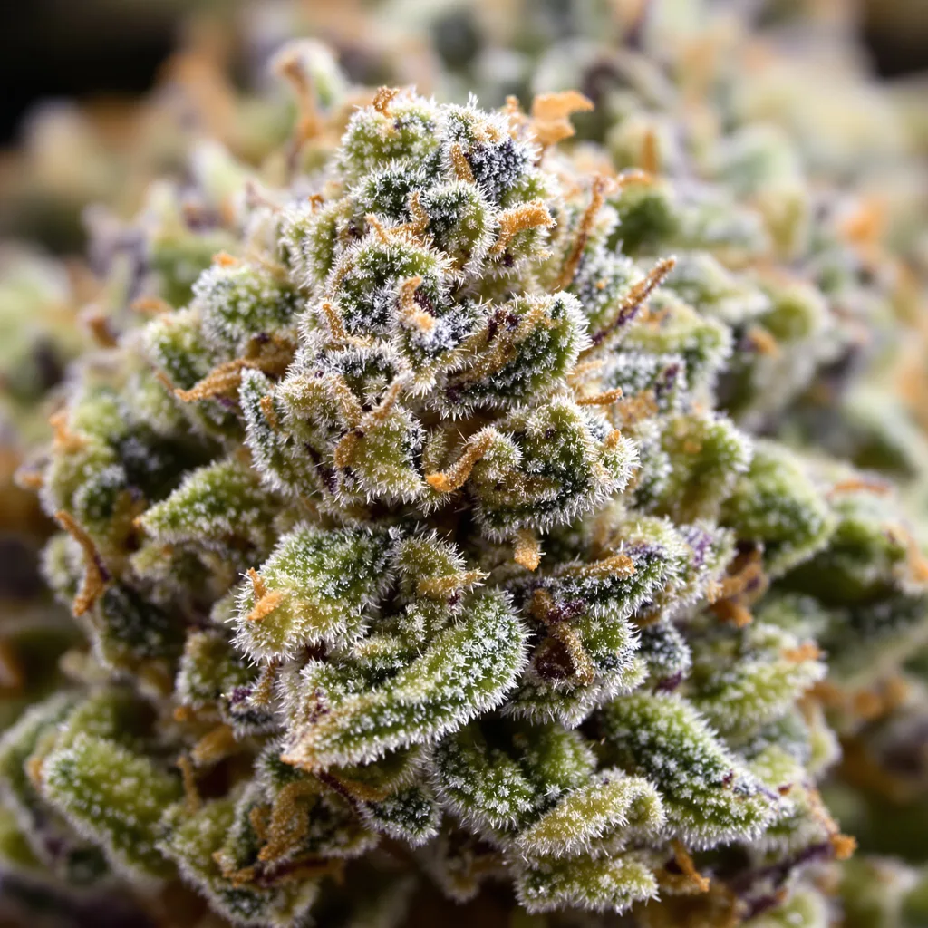 Primer plano de cogollo de cannabis Russian Assassin mostrando estructura equilibrada con tricomas escarchados