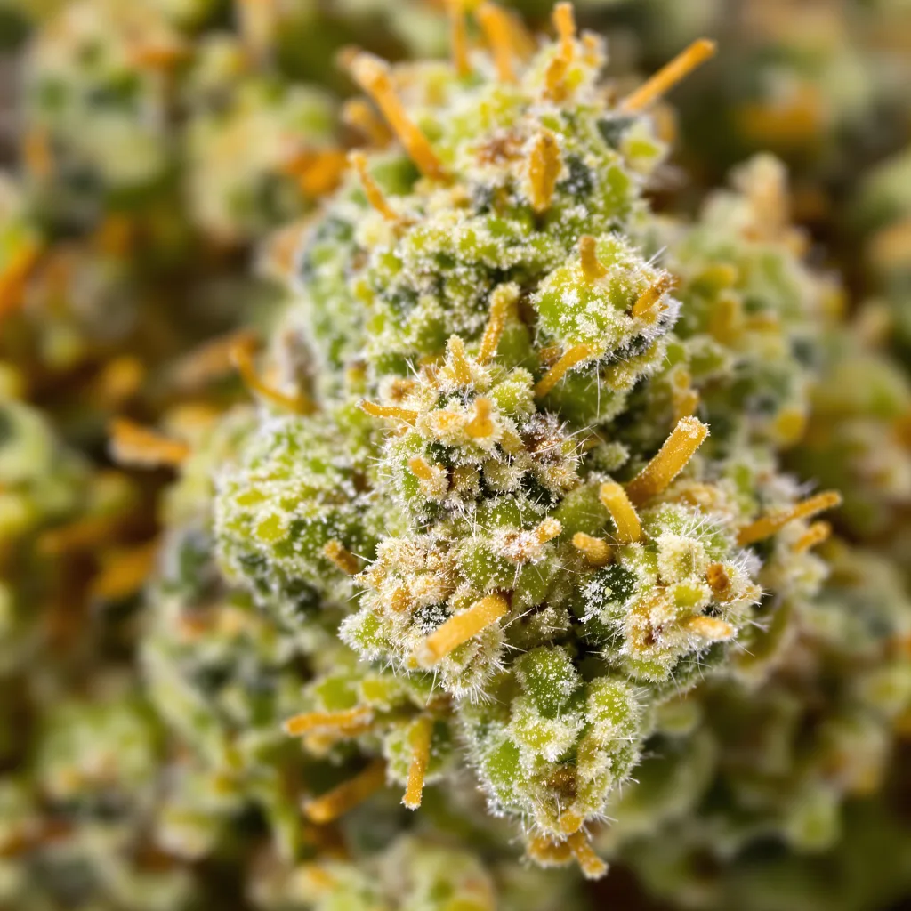 Primer plano de cogollo de cannabis Sage N Sour mostrando estructura aireada verde lima