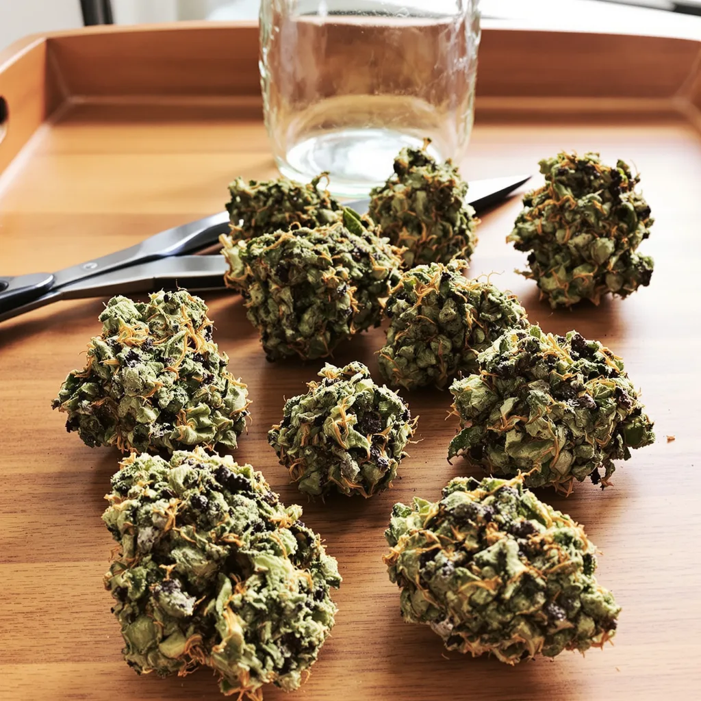 San Fernando Valley Kush 66% indica / 34% sativa — flor con tricomas visibles
