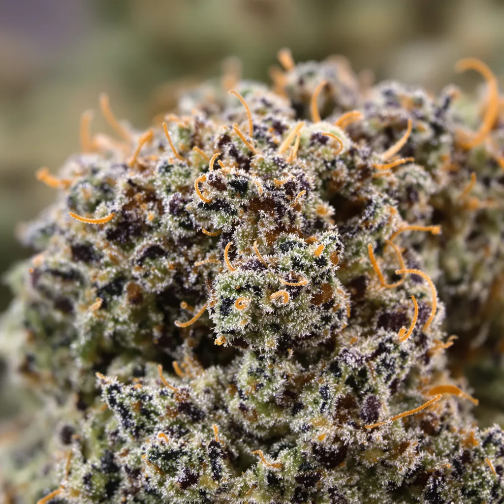 Primer plano de cogollo de cannabis San Fernando Valley Kush mostrando cálices densos con tonos morados
