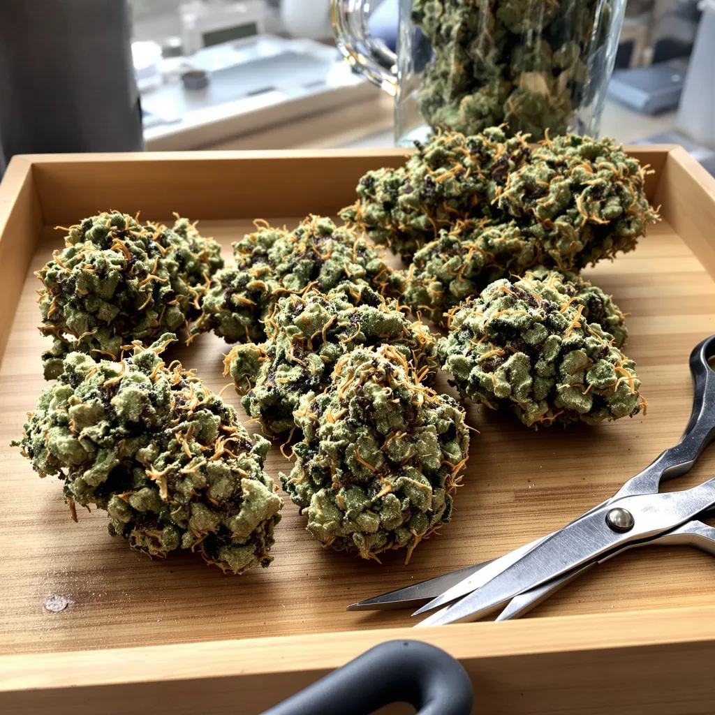 Sasquatch 35% indica / 65% sativa — flor con tricomas visibles