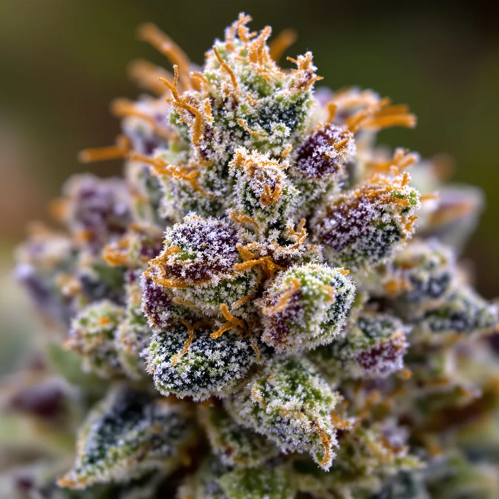 Primer plano de cogollo de cannabis Sasquatch mostrando estructura abierta con pistilos naranjas