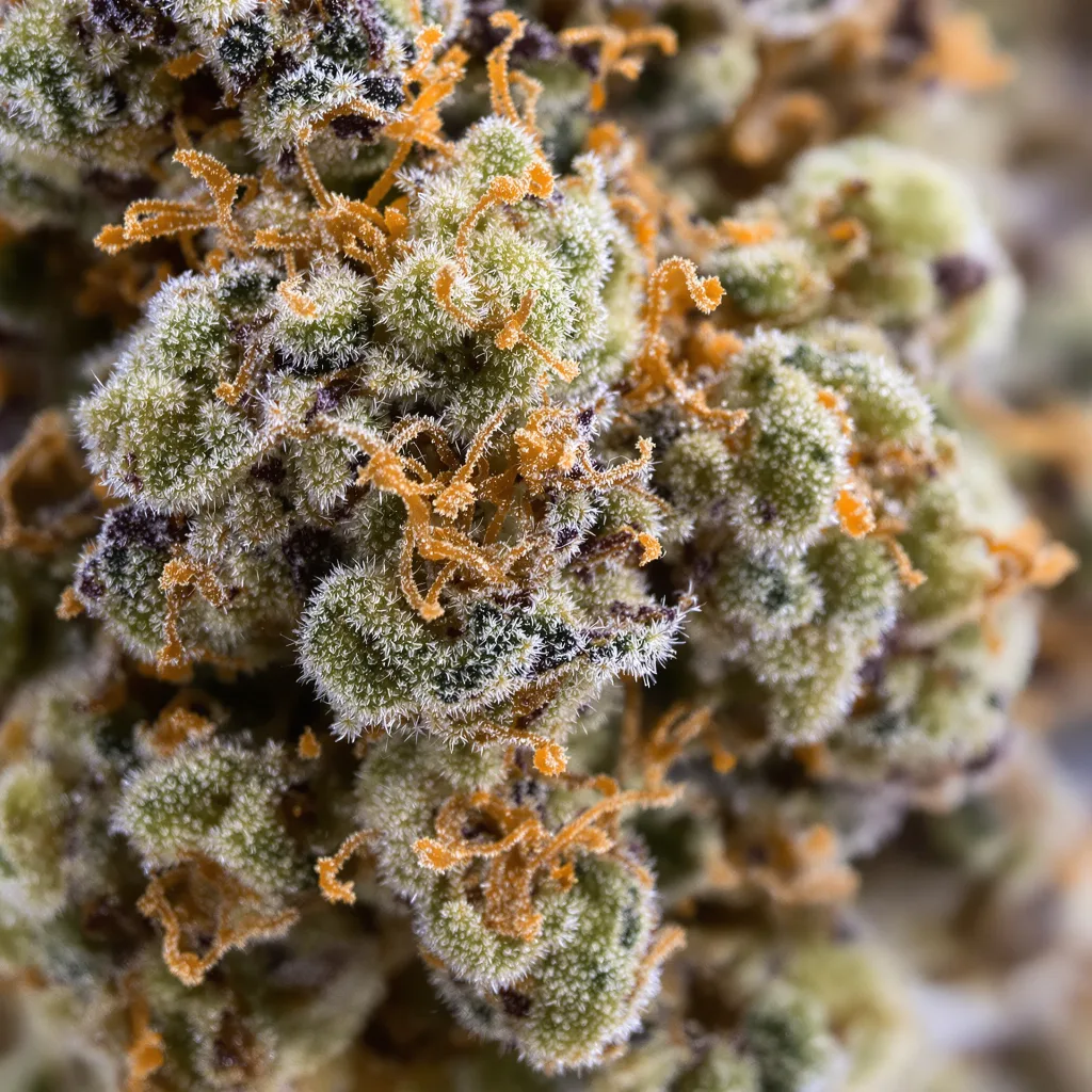 Primer plano de cogollo de cannabis Scooby Snacks mostrando cogollos densos verde bosque