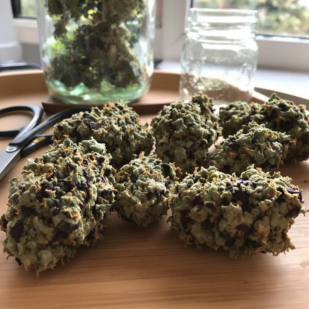Scott's OG 80% indica / 20% sativa — flor con tricomas visibles