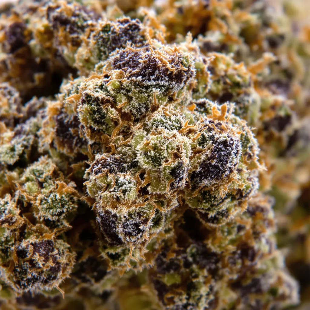 Primer plano de cogollo de cannabis Scott's OG mostrando cálices densos con tonos morados