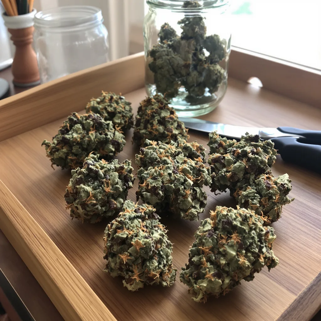 Sensi Skunk 74% indica / 26% sativa — flor con tricomas visibles