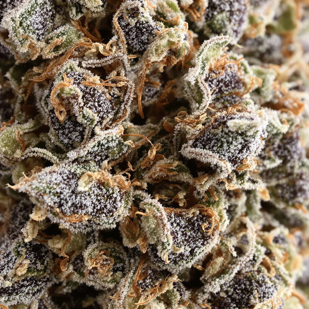 Primer plano de cogollo de cannabis Sensi Skunk mostrando cálices densos con tonos morados