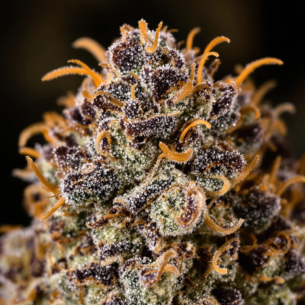 Primer plano de cogollo de cannabis Sensi Star mostrando cálices densos con tonos morados