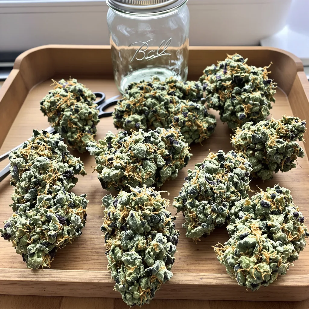 Serious Happiness 55% indica / 45% sativa — flor con tricomas visibles