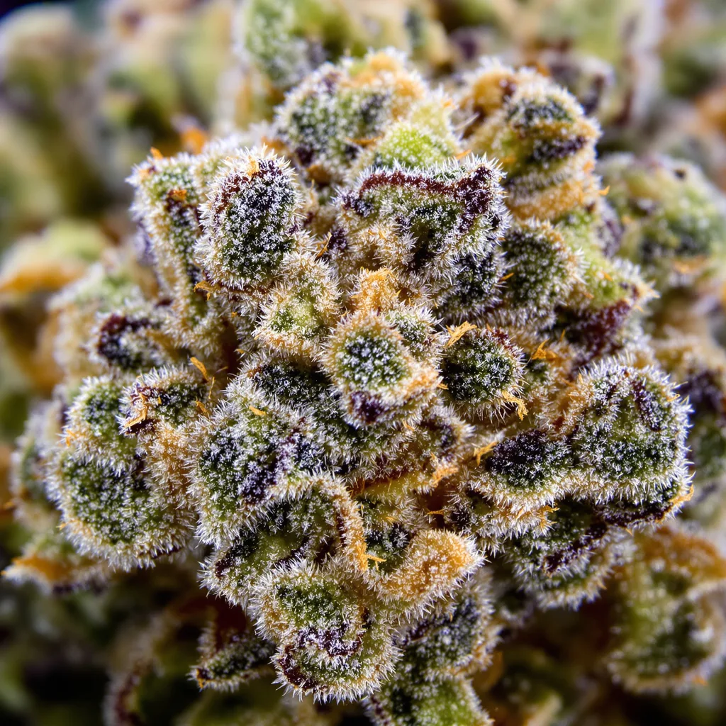 Primer plano de cogollo de cannabis Serious Happiness mostrando estructura equilibrada con tricomas escarchados