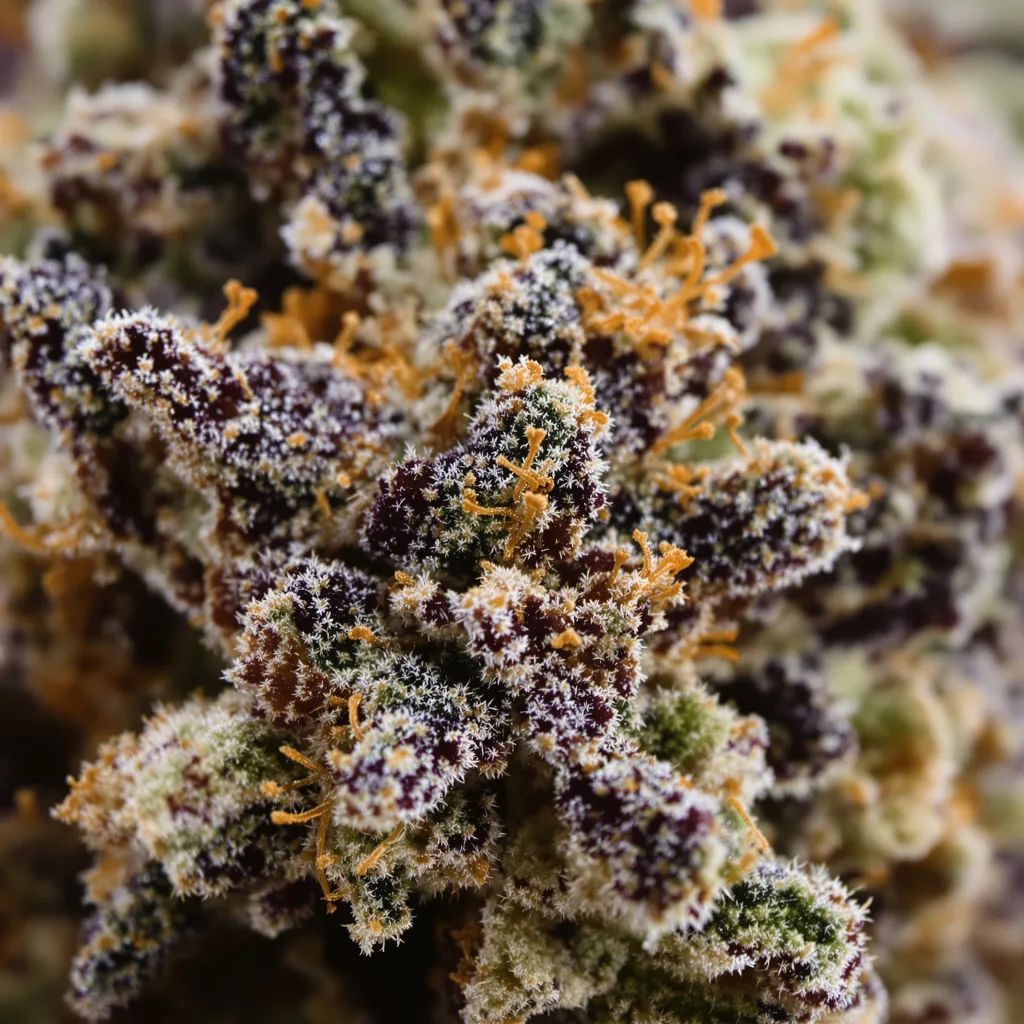 Primer plano de cogollo de cannabis Sexxpot mostrando cálices densos con tonos morados
