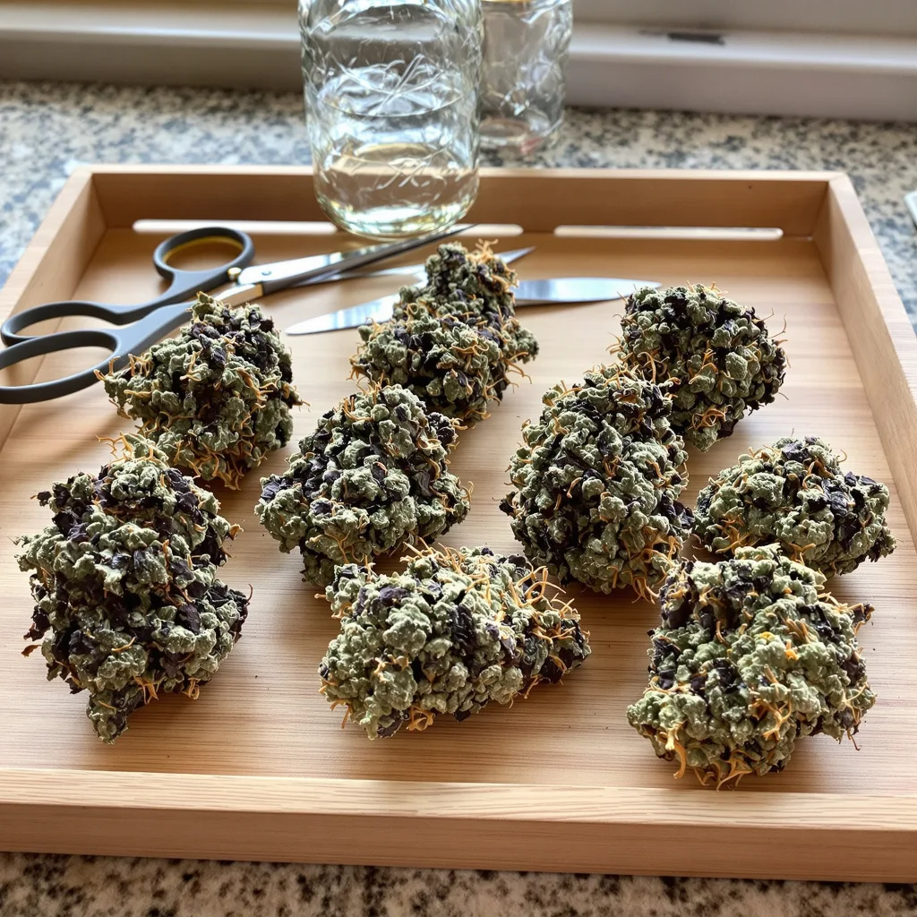 Sharksbreath 74% indica / 26% sativa — flor con tricomas visibles