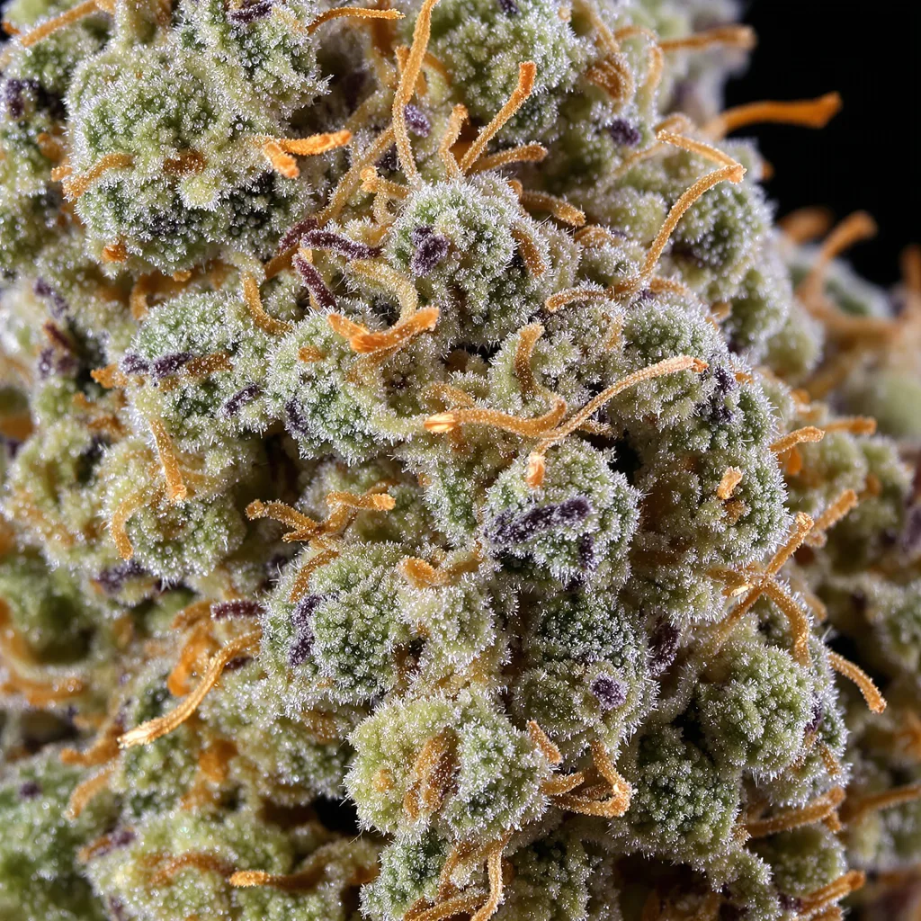 Primer plano de cogollo de cannabis Shiatsu Kush mostrando estructura equilibrada con tricomas escarchados